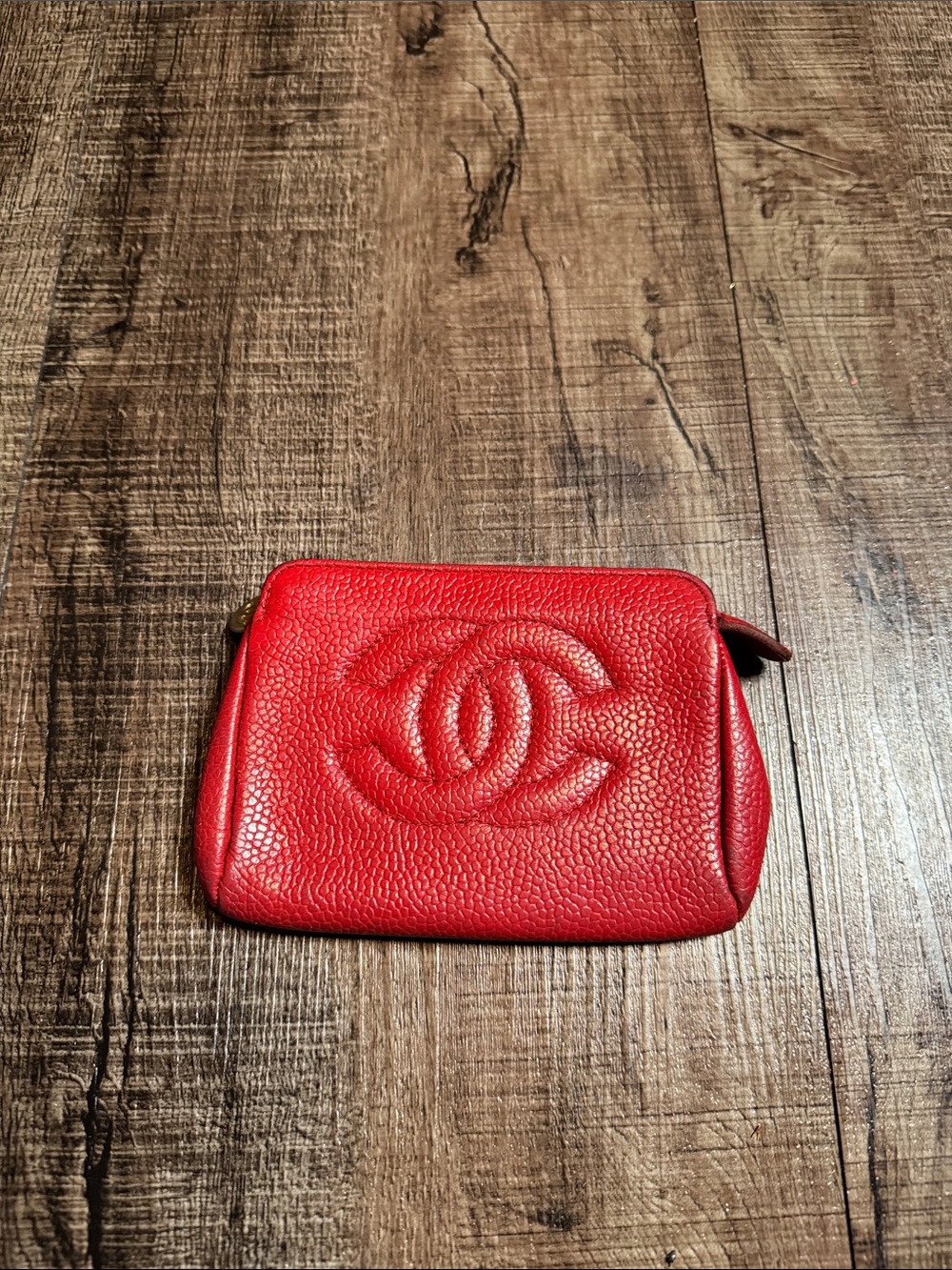 Vintage red Chanel caviar leather mini pouch